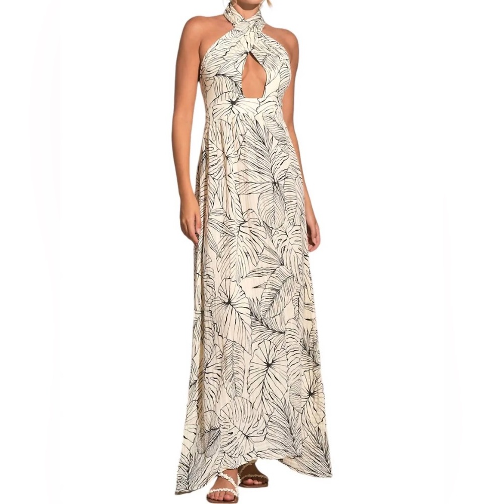 NWT ELAN Organic Gauze Tropical Print Criss Cross Halter Neck Sleeveless A-Line